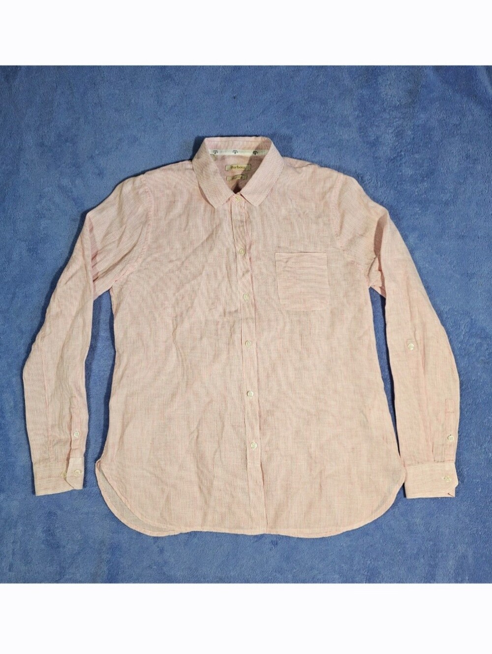 Barbour Shirt Womens Size 4 Pink Linen Long Sleeve Button Up Casual Comfort.